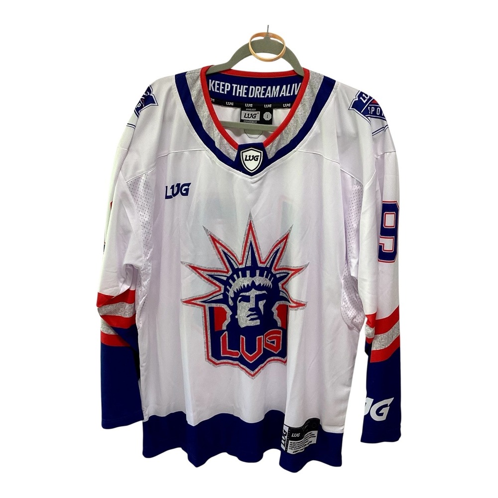 LUG Sports Hockey Jersey Mens Large White Blue Red Statue of Liberty #19 NY